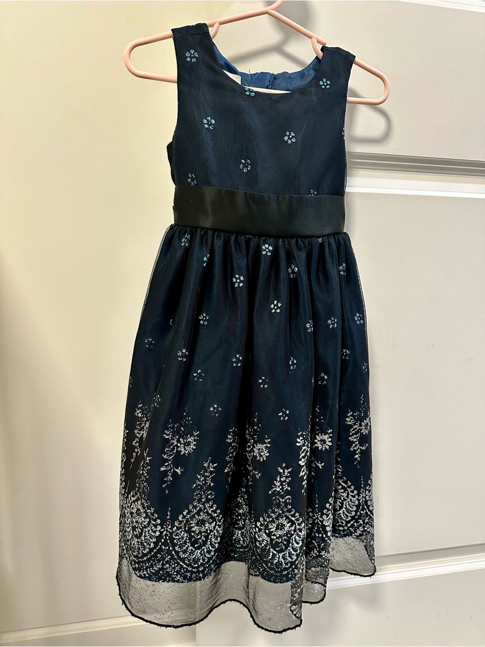 Navy Floral Girls' Glitter Party Dress with Satin Waist
